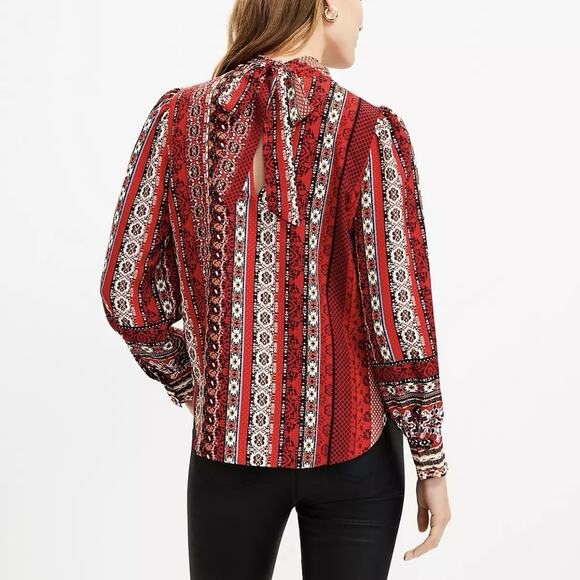 LOFT Red Print Tie Back Long Sleeve Top XS NWT - Picture 2 of 8